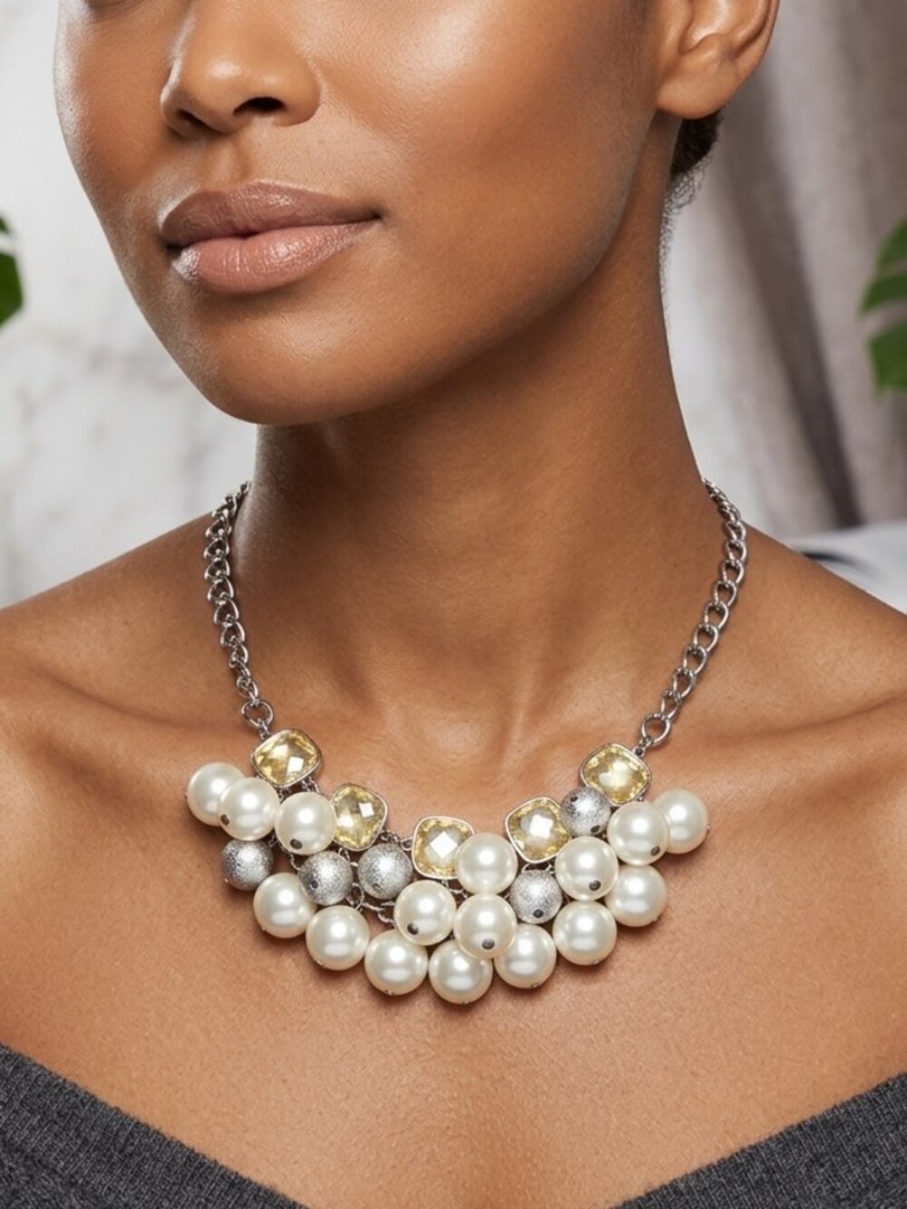 Pearl and Crystal Cluster Bib Necklace